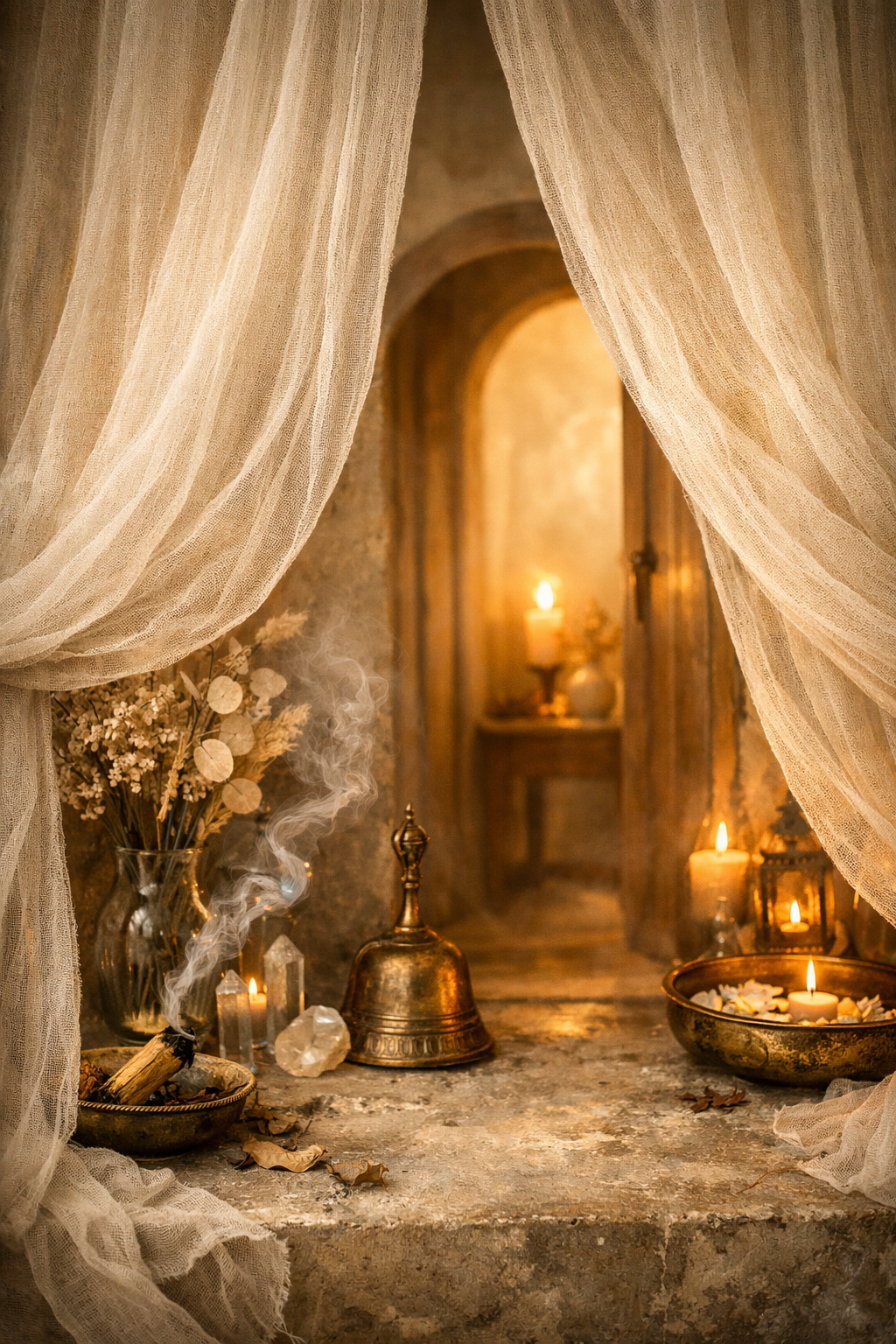 A cozy, vintage-style window with sheer curtains, revealing a warm candlelit room with candles, dried flowers, and decorative objects.