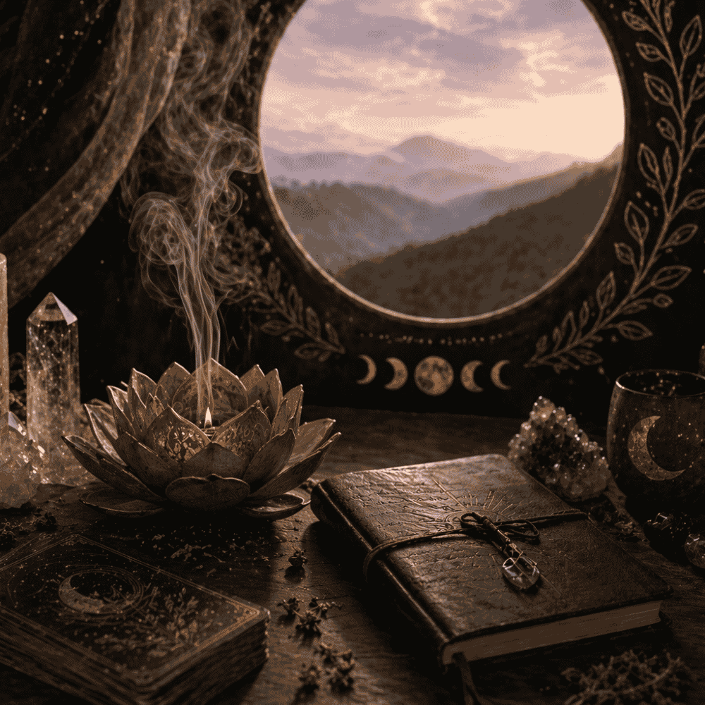 A mystical scene with tarot cards, a journal with a crystal pendant, and a lit incense holder shaped like a lotus, on a wooden table near a window showing a mountain landscape and a starry sky.