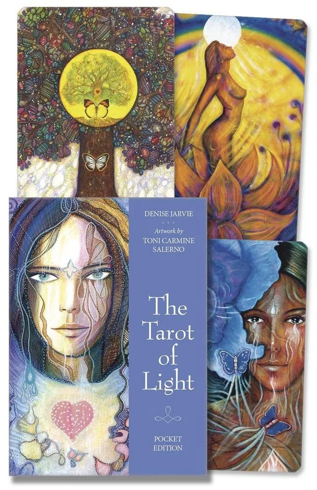 Cover of a book titled 'The Tarot of Light' by Denise Jarvie, featuring colorful artwork including a tree with a glowing yellow moon, a woman with a glowing moon behind her, a mystical woman with blue and purple tones, and butterflies.
