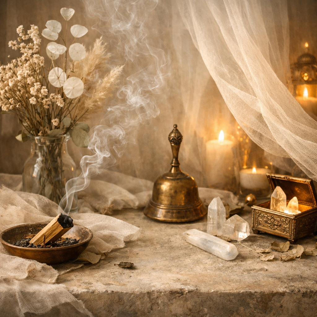 A mystical altar setup with a burning bundle of sage in a bowl, an arrangement of dried flowers in a glass vase, glowing candles, and various clear quartz crystals on a textured surface, with sheer fabric draped in the background creating a warm, ambient glow.