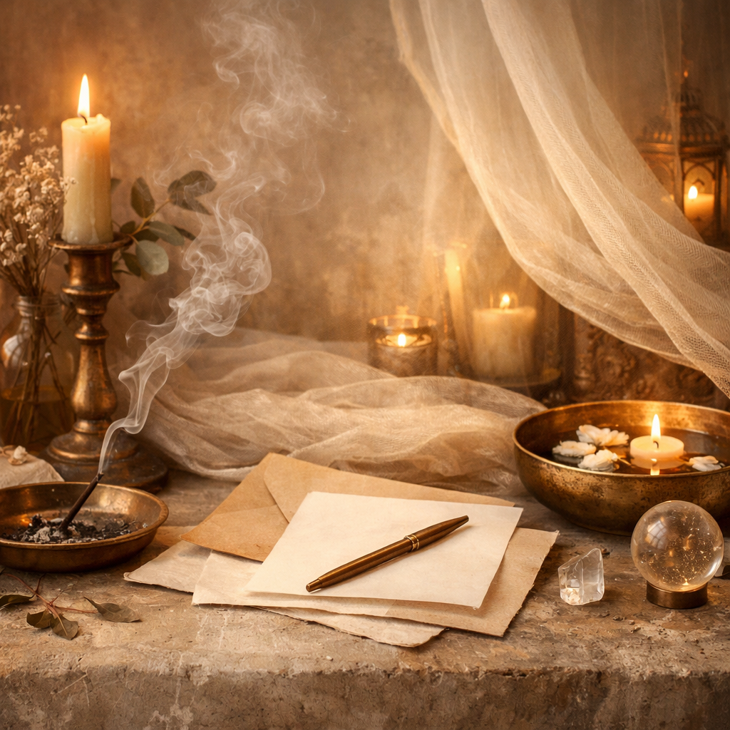 A cozy, warm scene with candles, a pen on paper, and mystical objects like a crystal and orbs, creating an atmospheric setting.