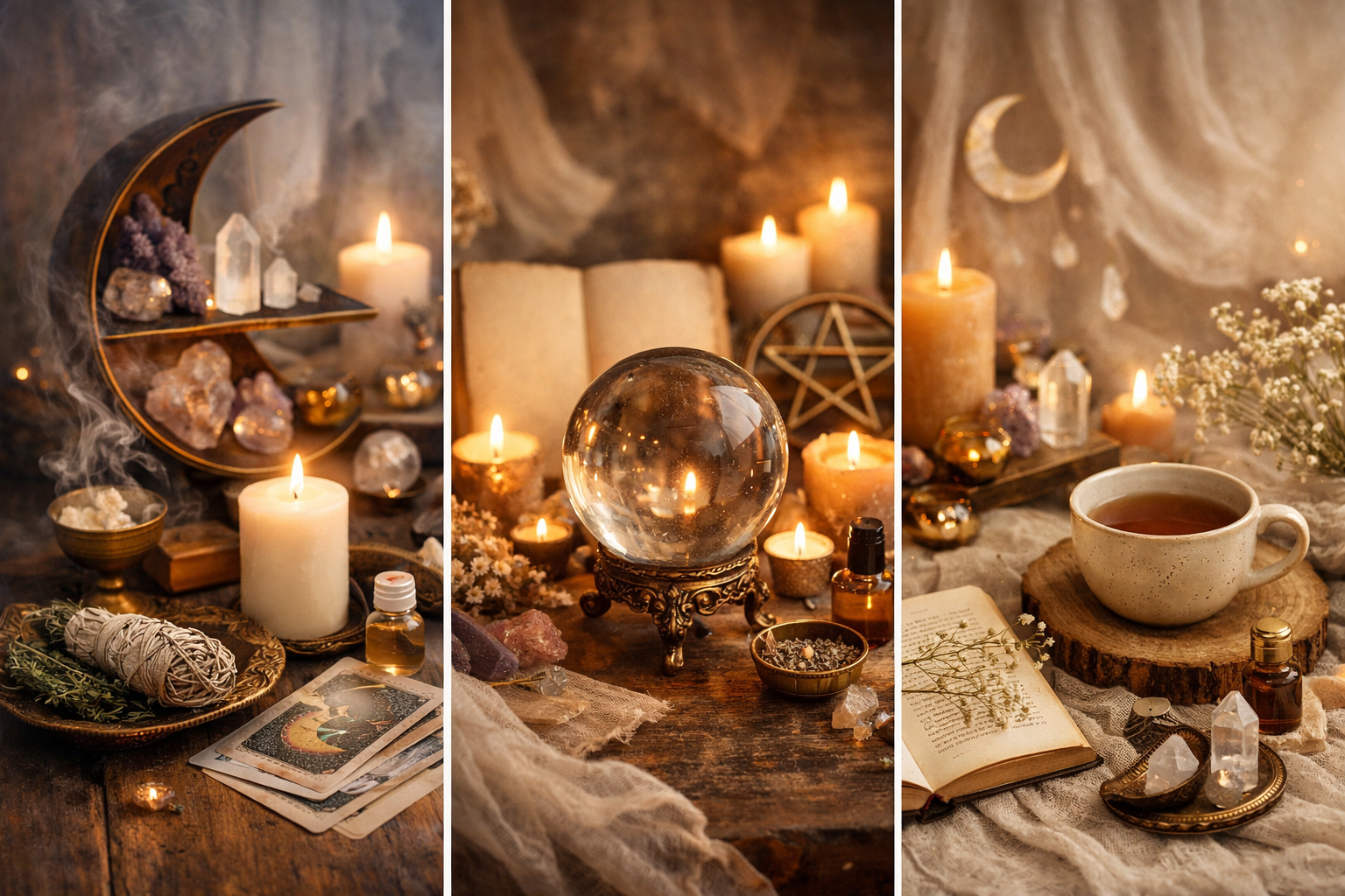 Three sections of a mystical, cozy setup with candles, crystals, and tarot cards, featuring a moon and star theme, with a cup of tea and an open book on a draped cloth.