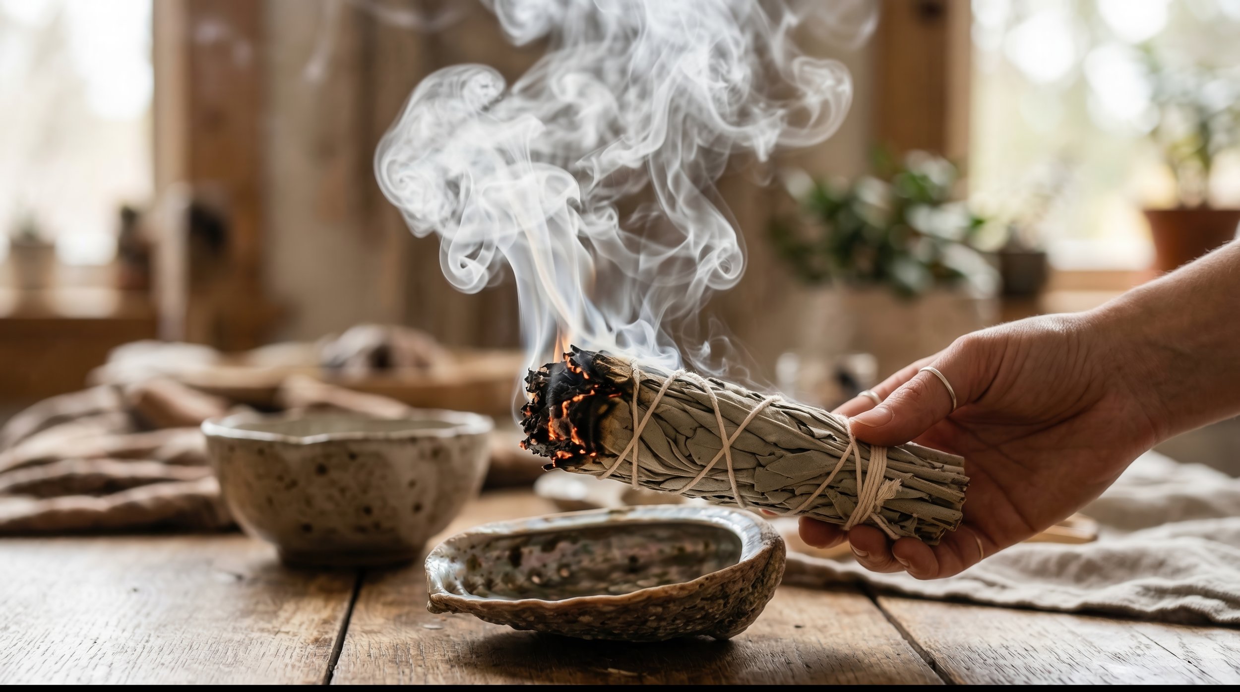 A hand holding a bundle of sage sticks with smoke rising from the smoldering end, surrounded by ceramic bowls on a wooden surface.
