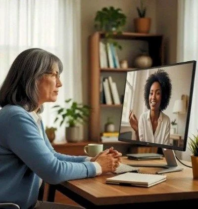 Older woman participating in a video call with a young woman on a computer monitor in a home office setting.