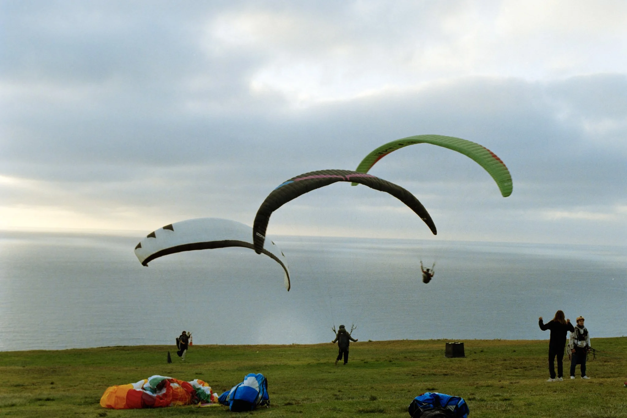 Multiple paragliders in the sky near the water, with some participants on the ground preparing or observing.