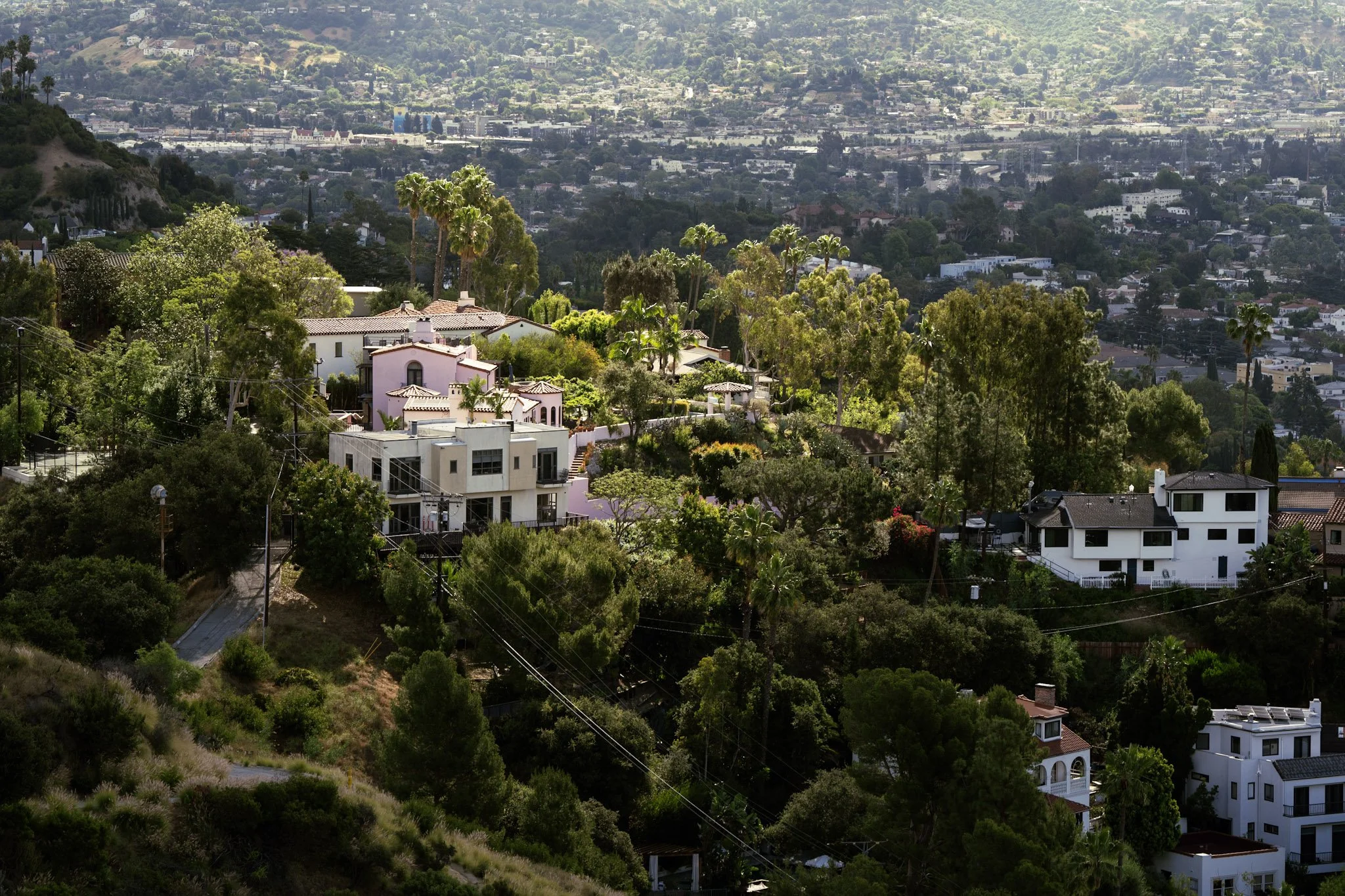 Hilly landscape with lush green trees, colorful houses, and a cityscape in the distance.