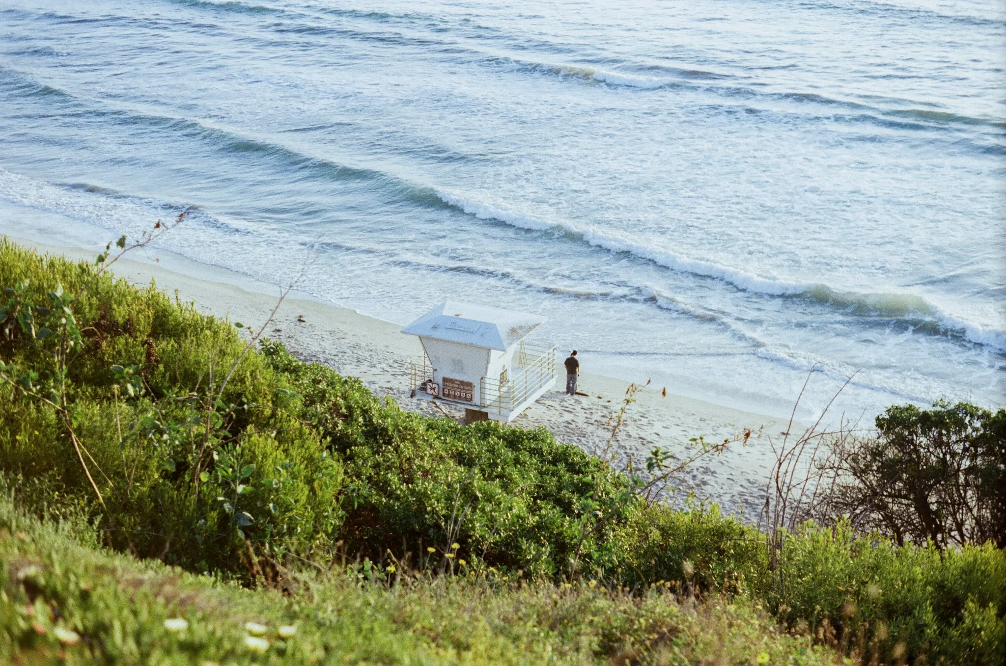 Person standing on the beach near a lifeguard tower, with ocean waves crashing onto the shore, and greenery in the foreground.