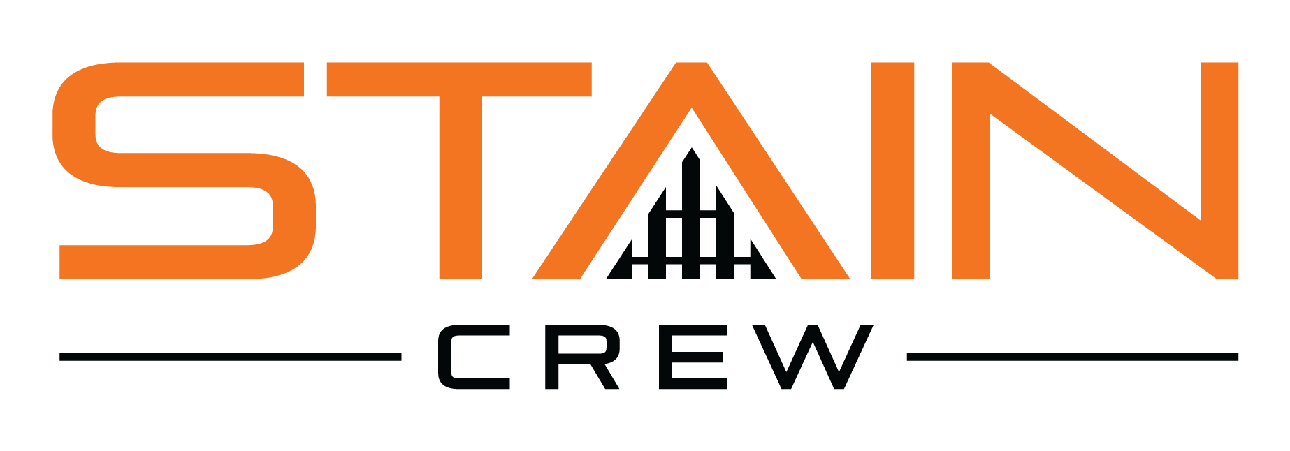 Logo with the words "Stain Crew" in orange and black, with a stylized anvil symbol forming part of the letter "A" in "Stain."