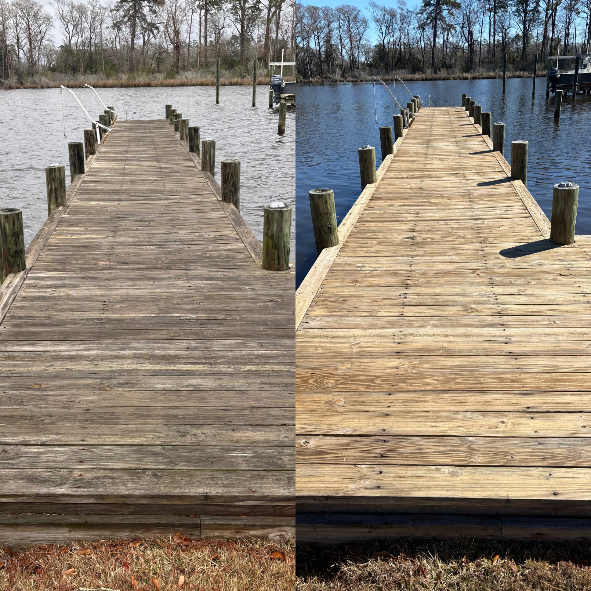 Comparison of two wooden docks extending over a body of water, one on the left with cloudy sky and leafless trees in the background, and one on the right with clearer sky and more visible trees.