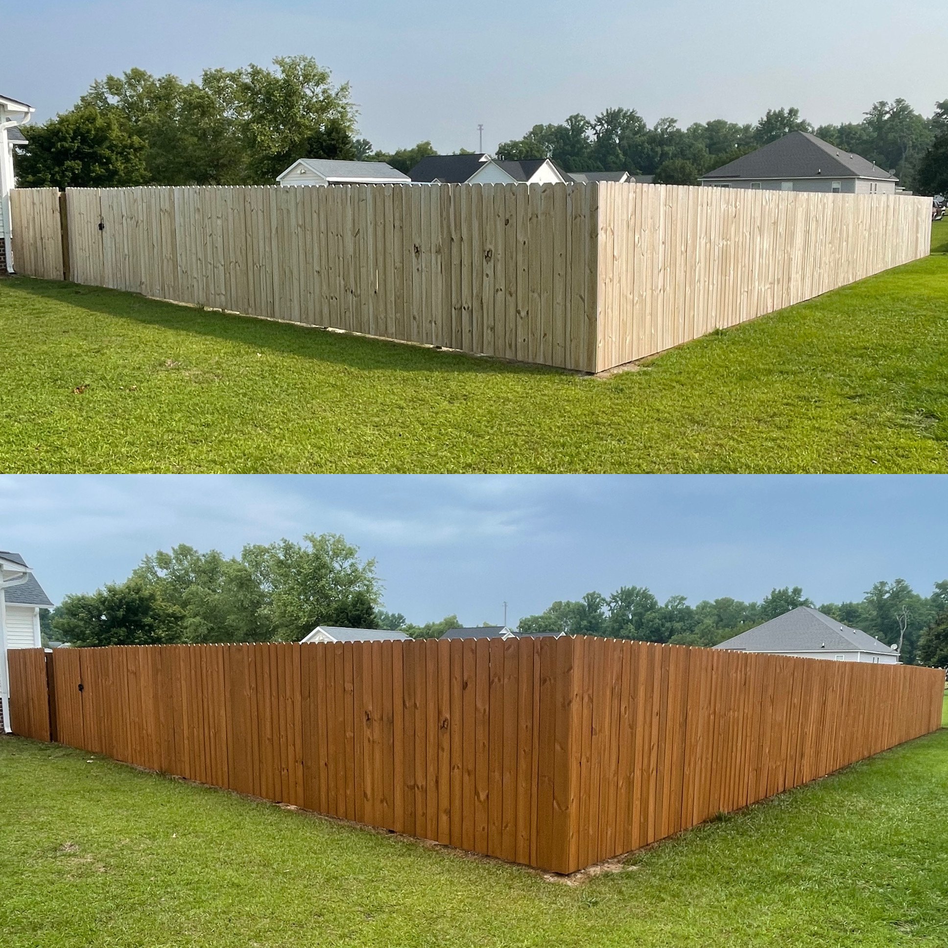 A wooden privacy fence around a backyard, with houses and trees in the background under a partly cloudy sky.