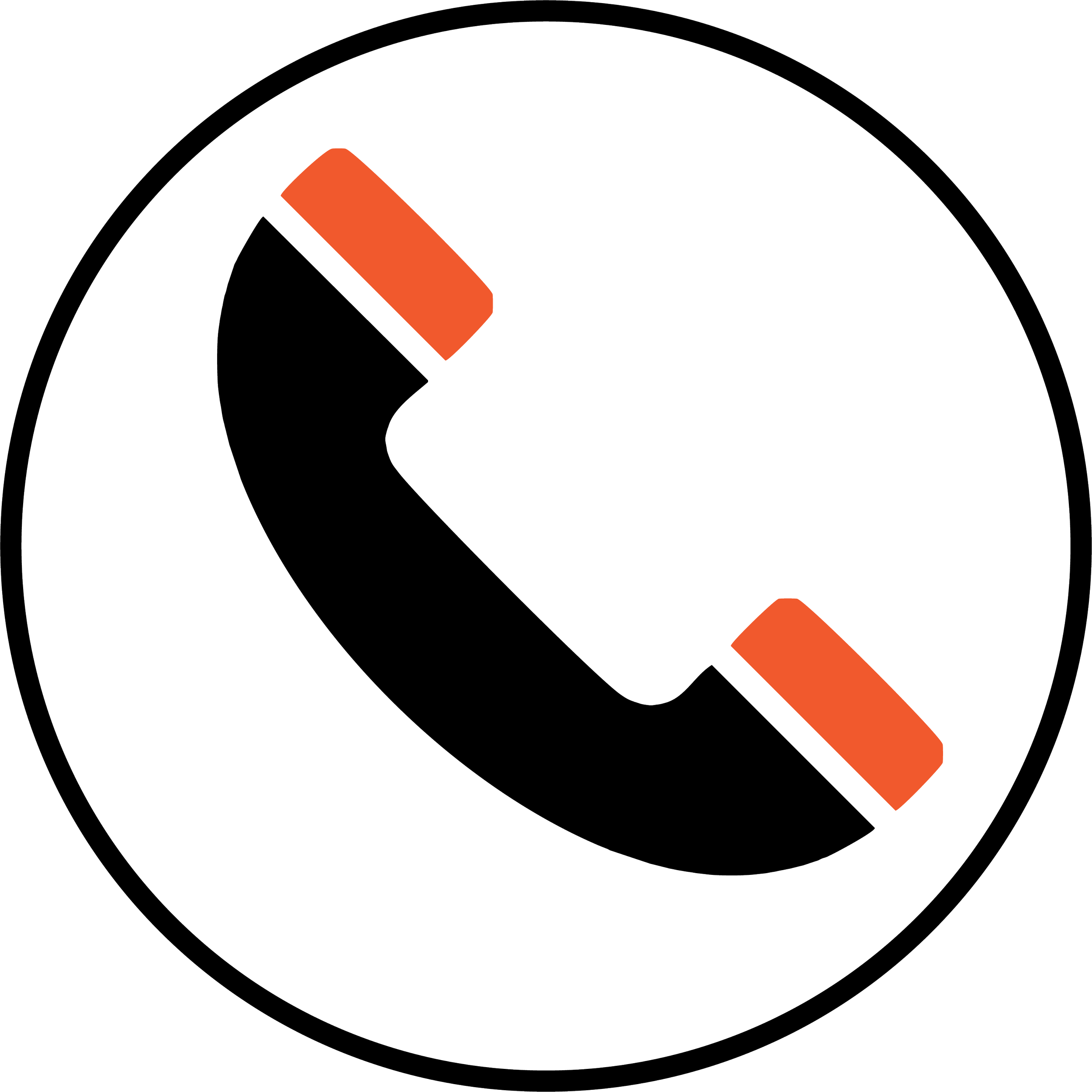 A black background with white concentric circles and orange geometric shapes.