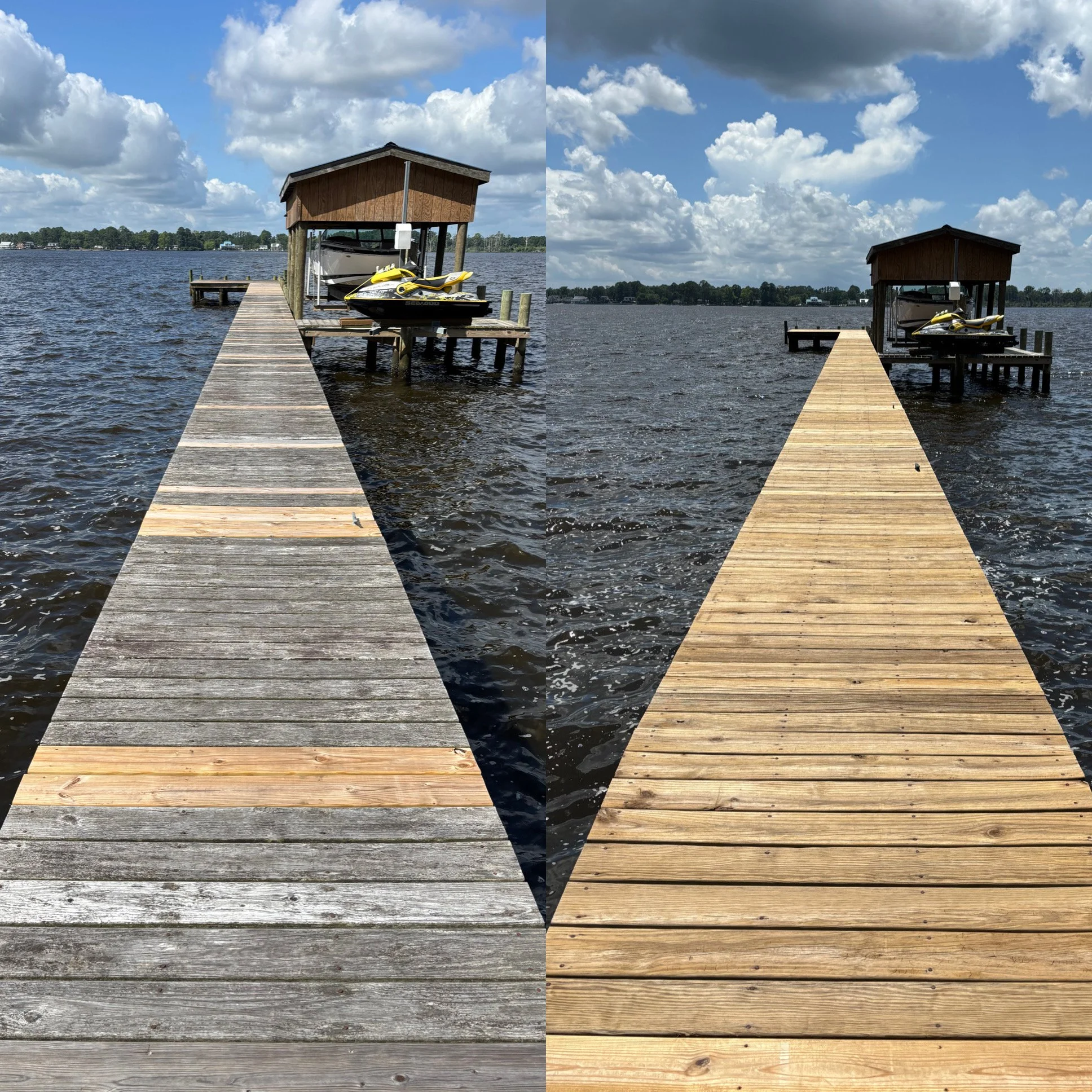 A split-screen image showing a wooden dock extending into a body of water, with a boat storage structure at the end. The left side has weathered, grayish wood and a cloudy sky, while the right side has newer, lighter wood with a partly cloudy sky.