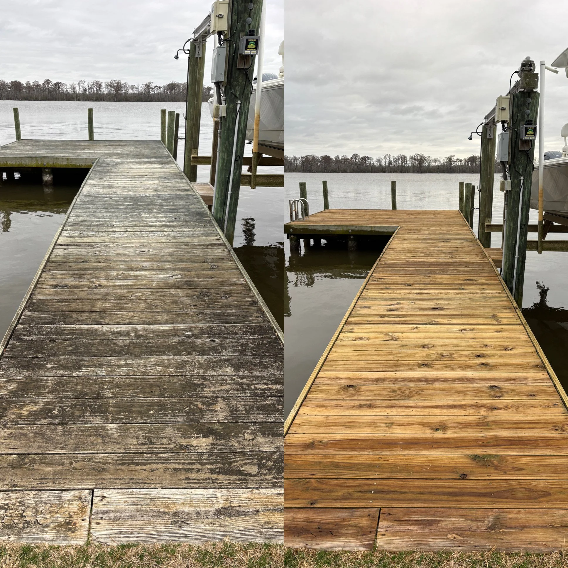Side-by-side comparison of a wooden dock area, showing a weathered gray dock on the left and a refurbished, stained wooden dock on the right, over water with a tree-lined shoreline in the background.