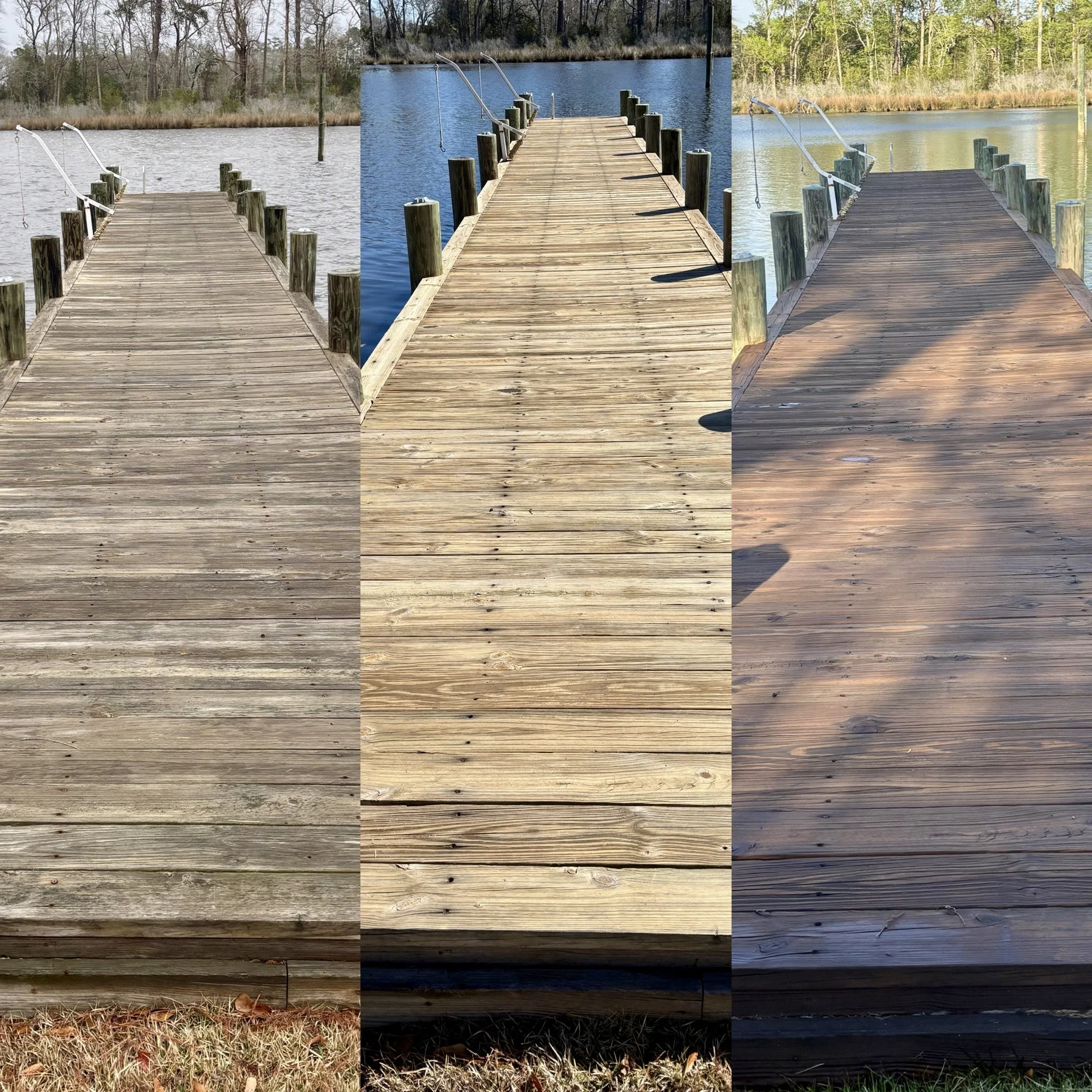 Three different views of a wooden dock extending over a body of water, with trees and reeds in the background, captured in different weather and lighting conditions.