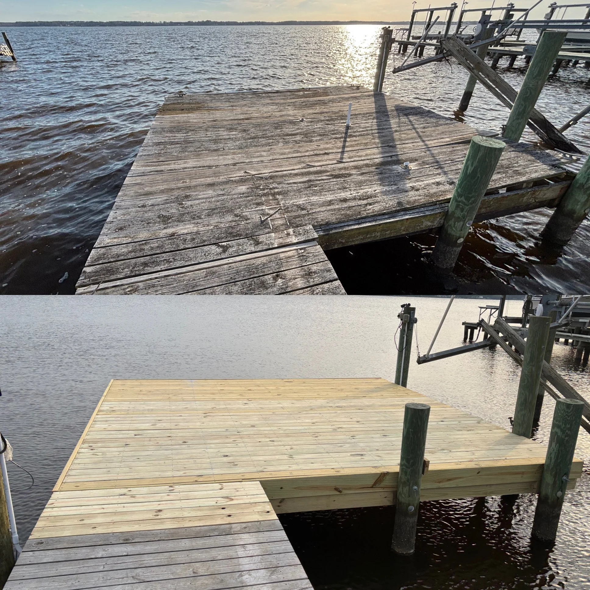 Two docks on a body of water, with one dock in the foreground made of newly installed light wood planks and another aged dock with weathered wood and partially damaged structure in the background. The water is calm, and the sun is setting or rising on the horizon.
