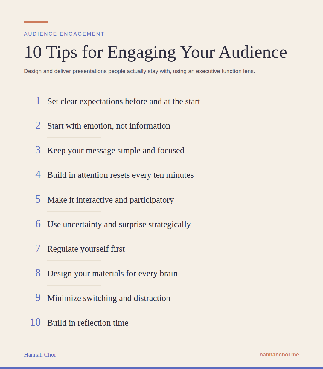 Infographic listing 10 tips for engaging your audience using executive function skills