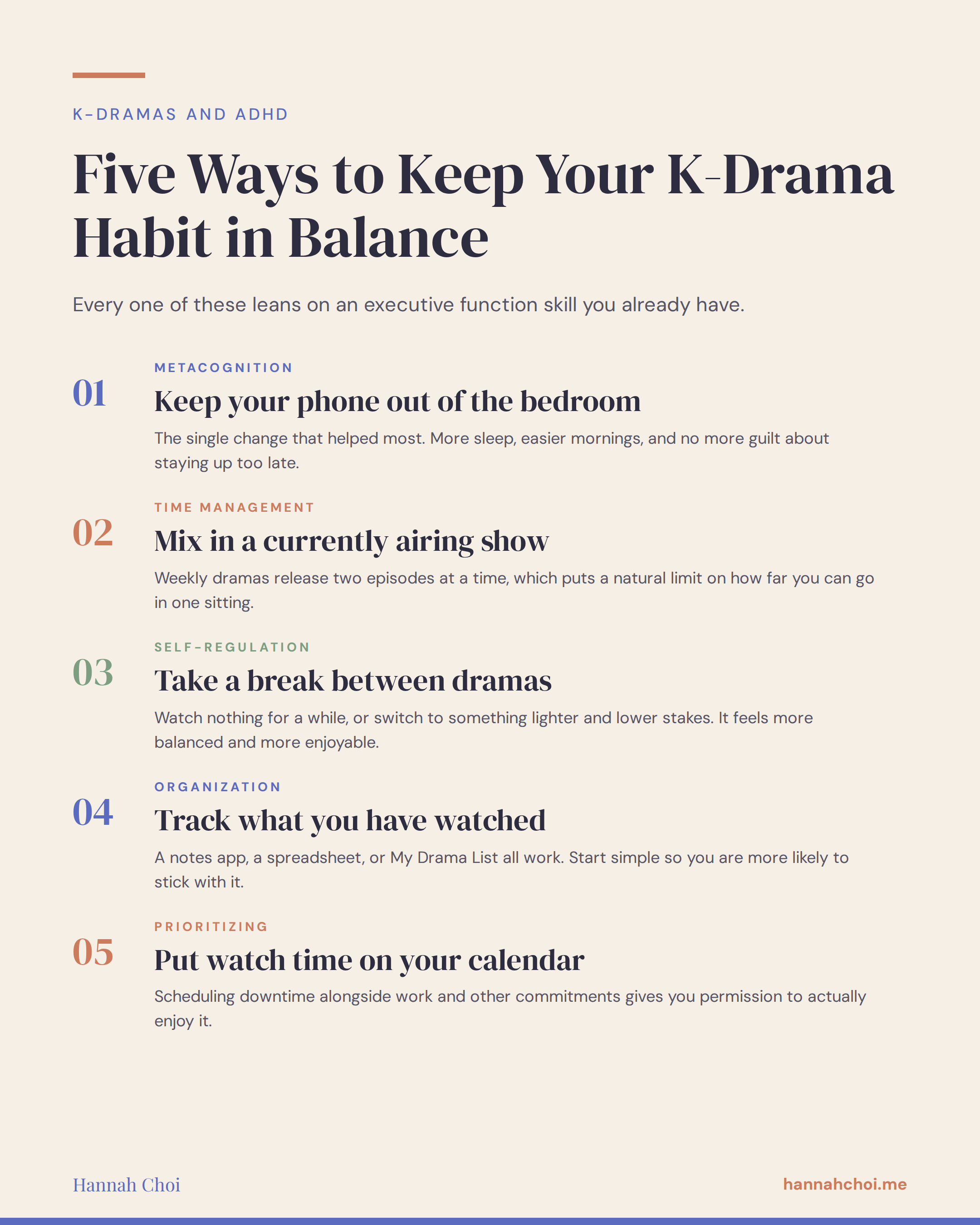Infographic listing five ways to keep a K-drama habit in balance: keep your phone out of the bedroom, mix in a currently airing show, take a break between dramas, track what you have watched, and put watch time on your calendar.