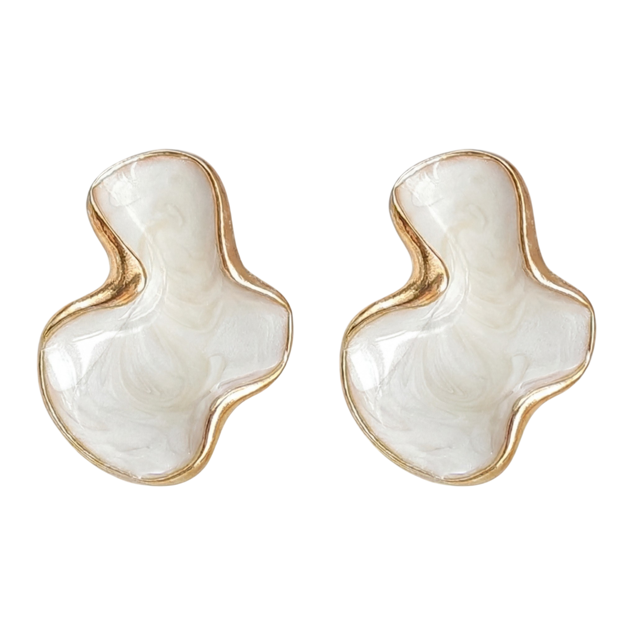 Pair of decorative pearl-shaped dishes with gold rims, placed on a dark background.