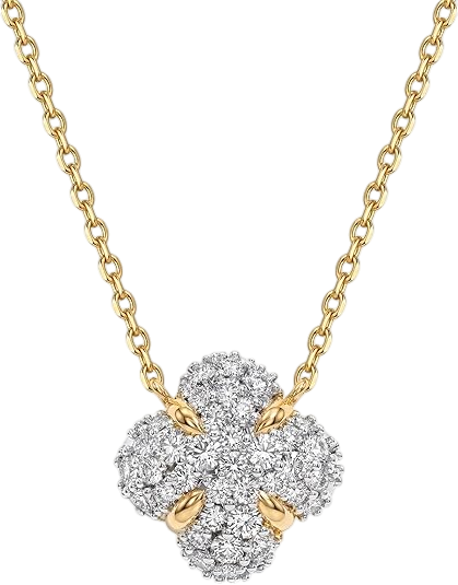 Gold chain necklace with a four-leaf clover pendant encrusted with diamonds.