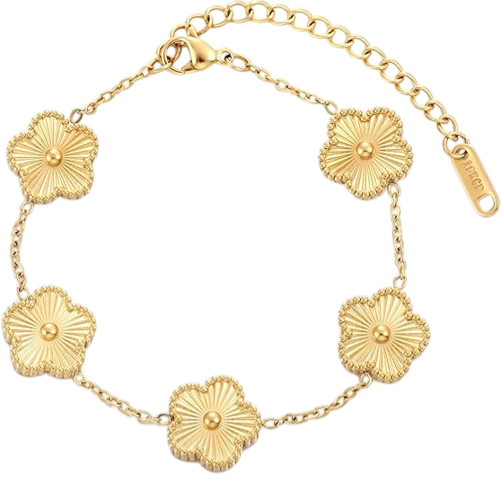Gold bracelet with four flower-shaped charms and a chain adjustable clasp.