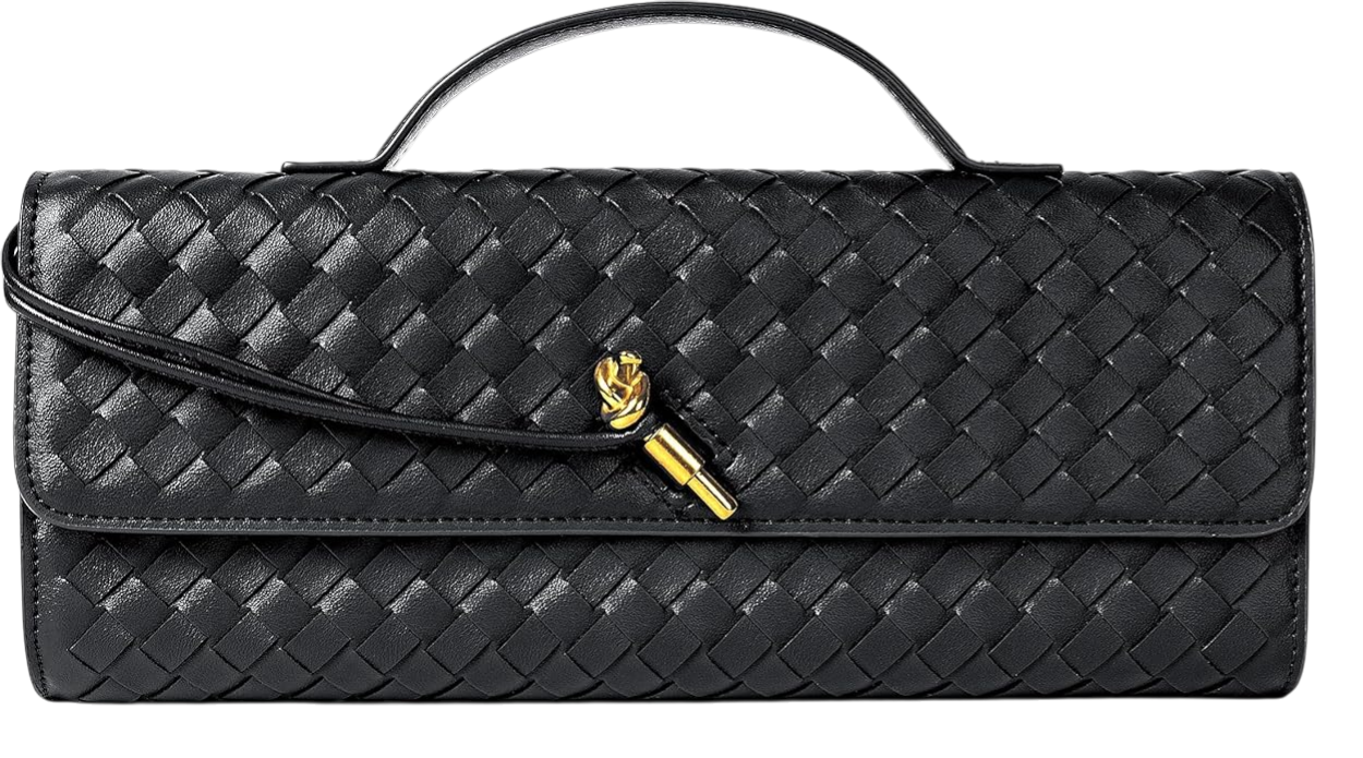 Black woven leather handbag with a gold and black clasp and a handle at the top, set against a black background.
