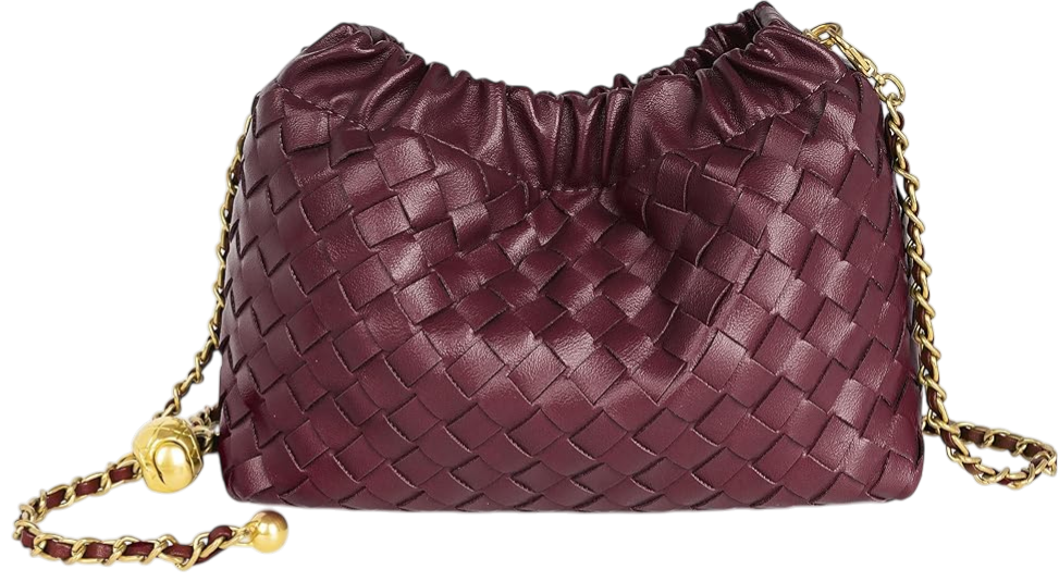 A maroon woven leather handbag with a gold chain strap.