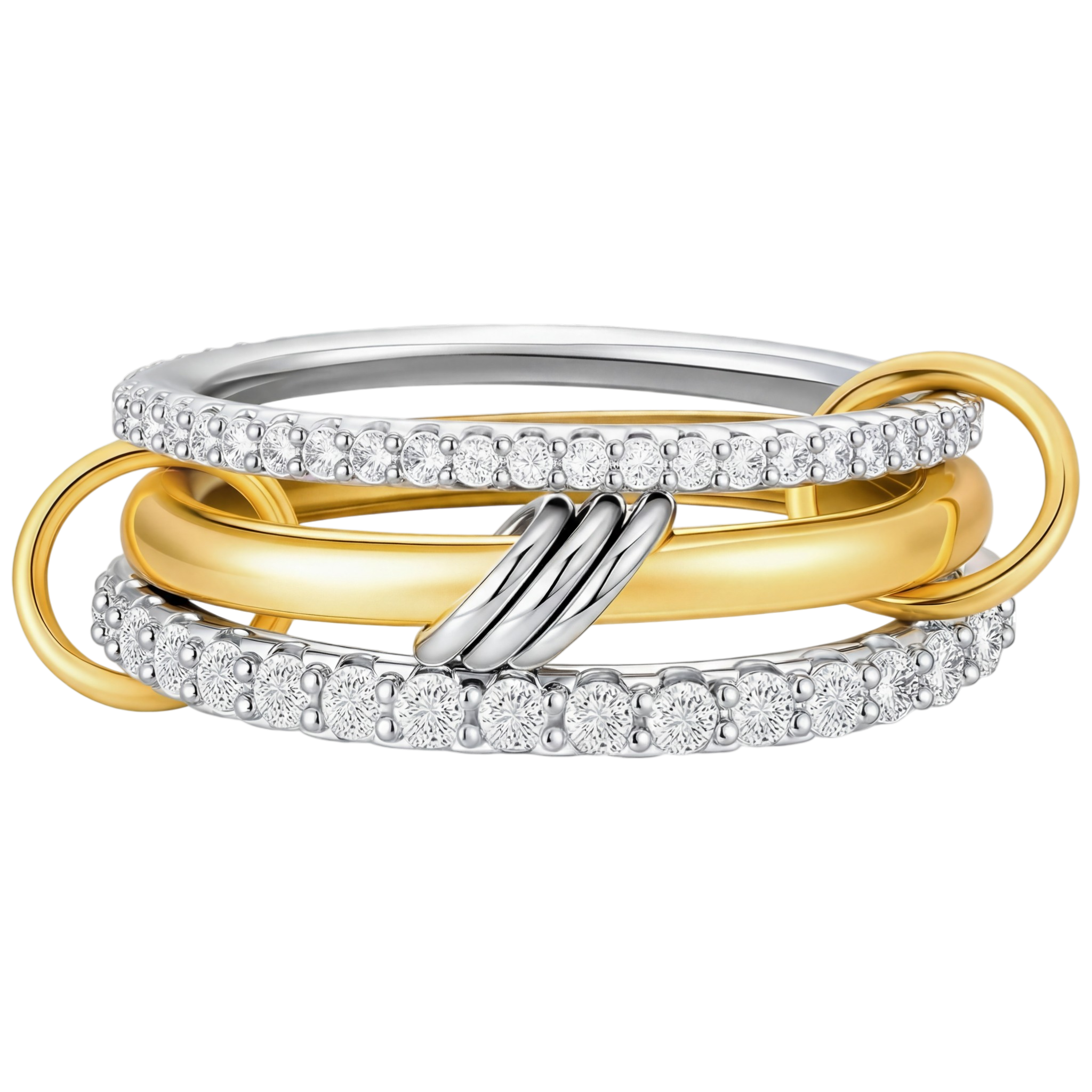 Multiple intertwined rings, including gold, silver, and diamond-studded bands, arranged against a black background.
