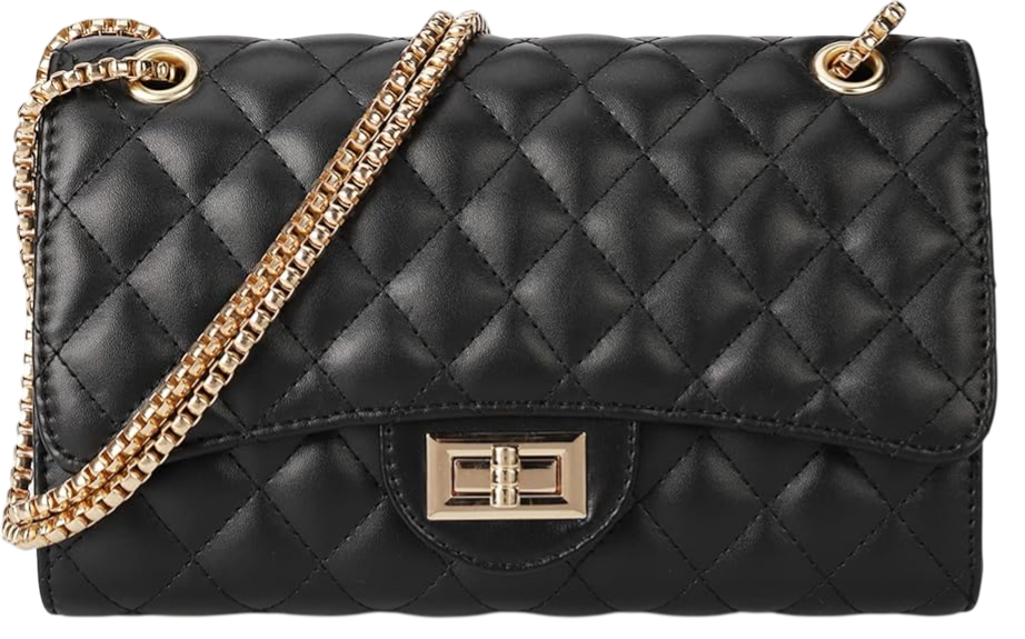 Black quilted leather purse with gold chain strap and clasp
