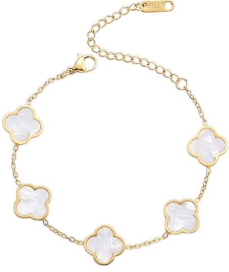 Gold bracelet with white four-leaf clover shaped charms connected by a delicate chain.
