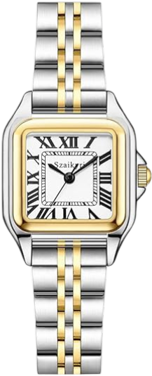 A two-tone metal wristwatch with gold and silver colors, featuring a square face with Roman numerals and a two-tone bracelet.