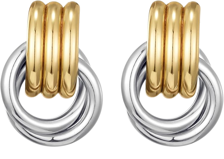 Pair of earrings with gold and silver design, featuring three gold loops on top and a large silver hoop below on each earring.