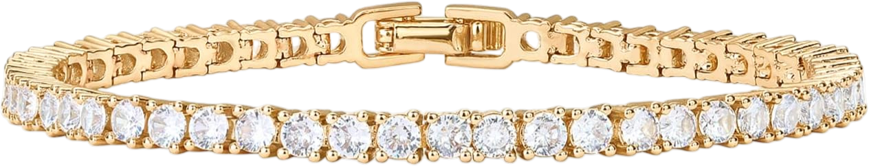 Gold tennis bracelet with large round-cut diamonds in a single row.
