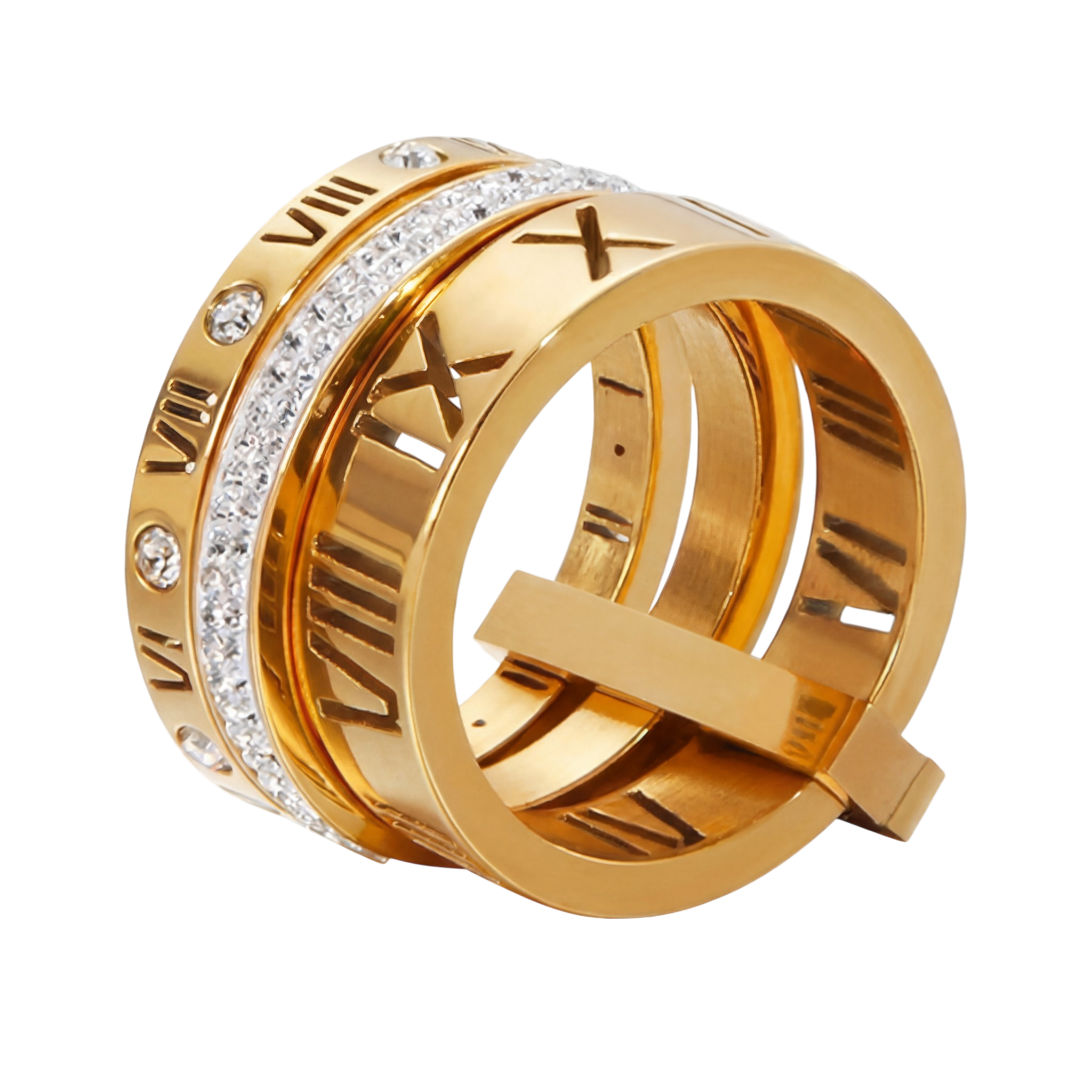 Gold rings with Roman numerals, some adorned with small diamonds.