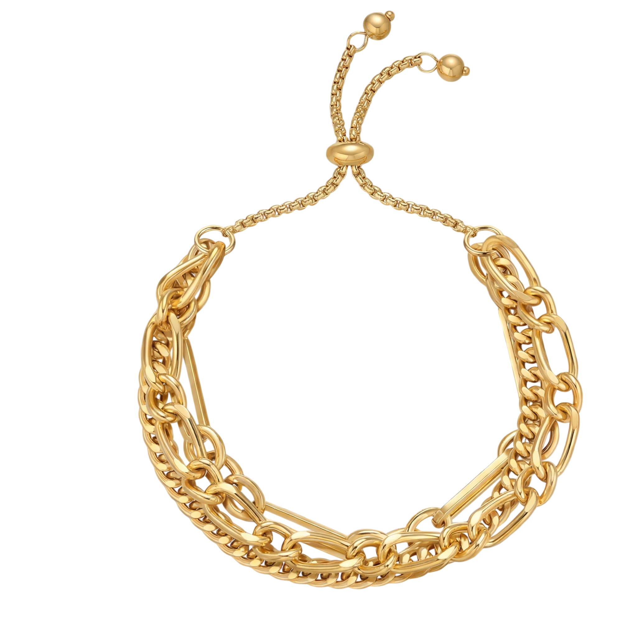 Gold layered chain necklace with adjustable clasp.