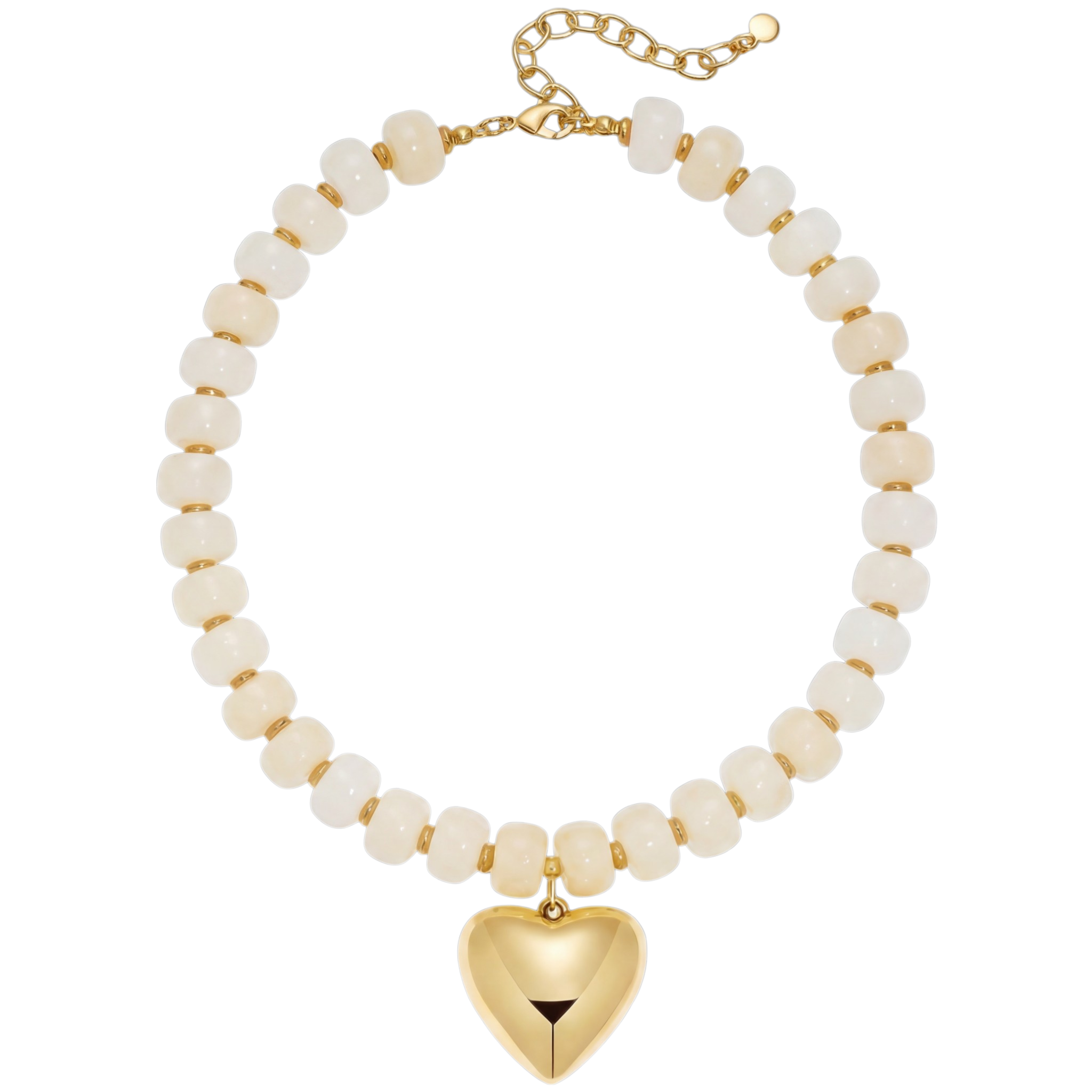 A pearl necklace with a gold heart pendant hanging from it and an adjustable chain at the back.