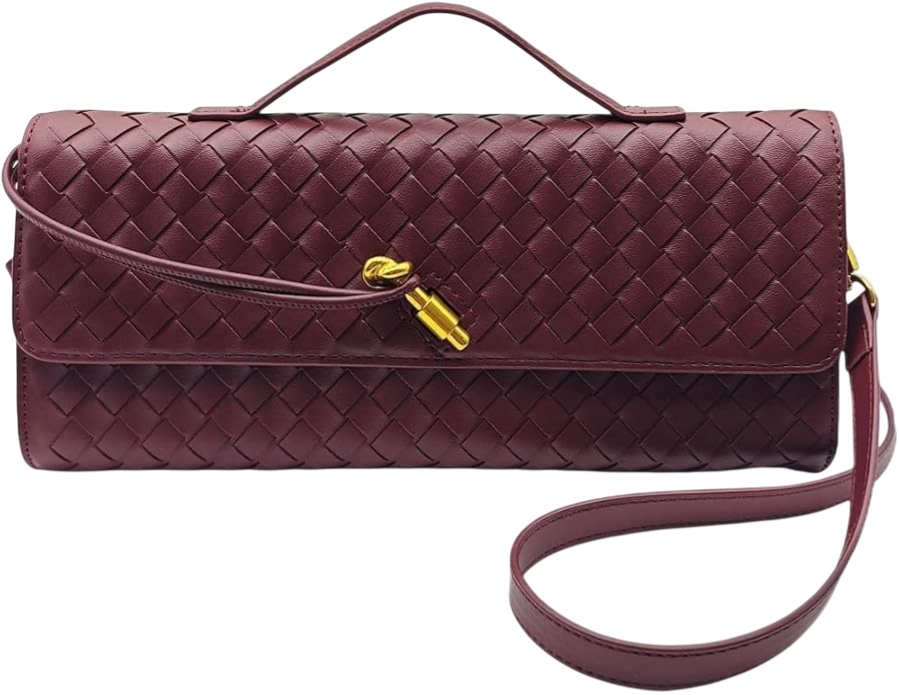 A burgundy woven leather handbag with a wrist strap and gold accents.