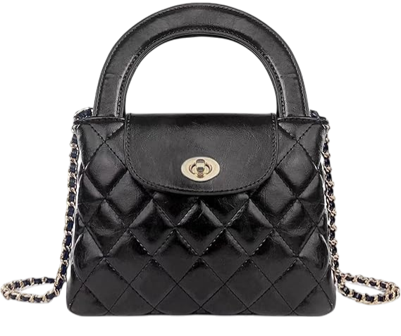 Black quilted leather handbag with a chain strap and a gold turn-lock closure