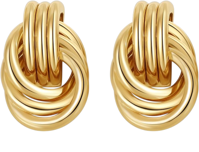 Pair of gold hoop earrings with a intertwined design.