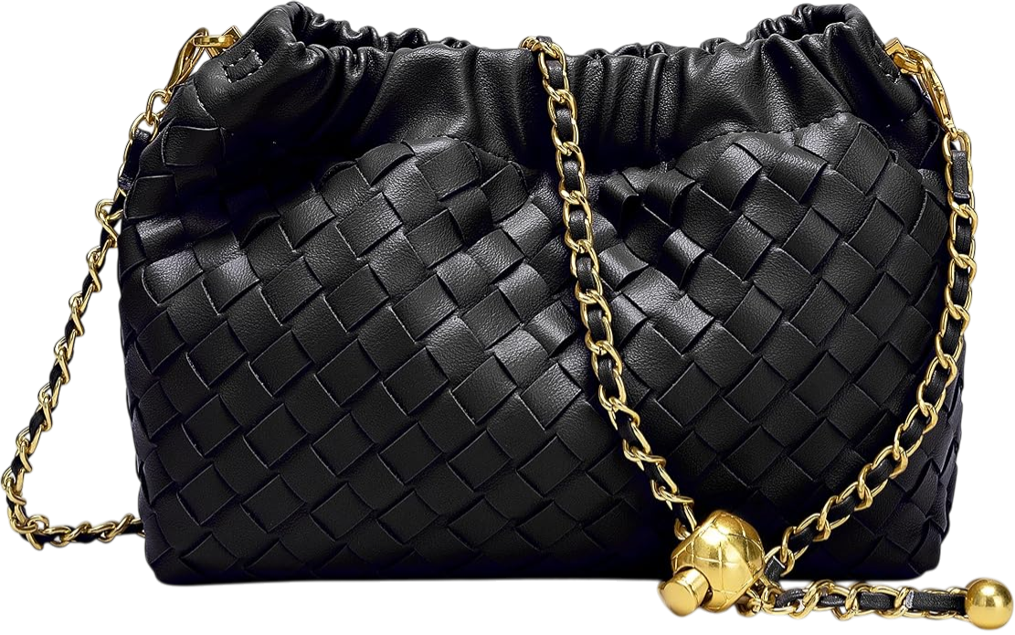 Black quilted leather handbag with gold chain strap and decorative gold ball charm.