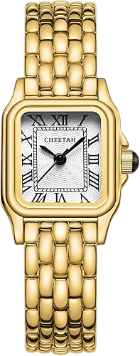 Gold wristwatch with a square face and Roman numerals, featuring a multi-band bracelet.