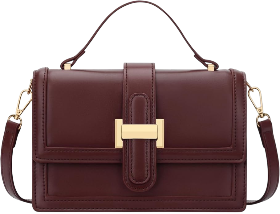 A burgundy leather handbag with gold hardware and a top handle.