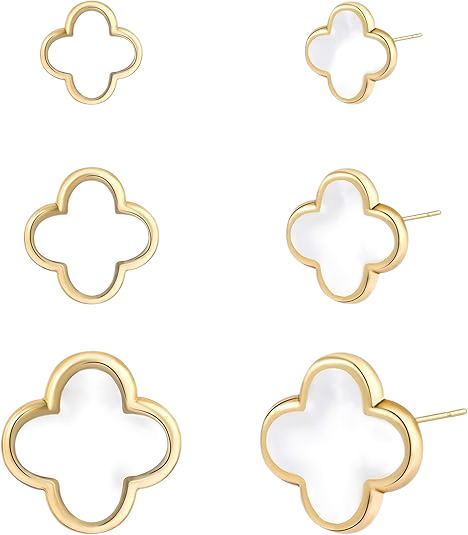 Comparison of four jewelry pieces with gold and white clover-shaped designs.
