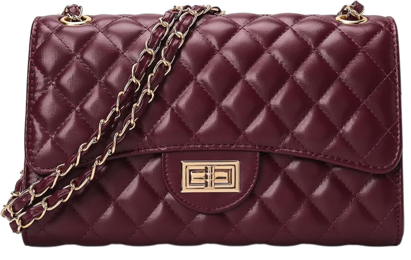 A burgundy quilted leather handbag with a gold chain strap and a gold turn-lock clasp.
