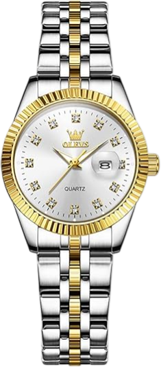 A two-tone men's wristwatch with a silver and gold band, gold bezel, white dial, and diamond markers, displaying the date.