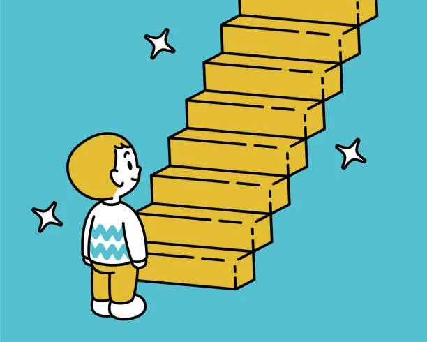 A cartoon child with yellow hair looking at a staircase made of blocks, with stars around.