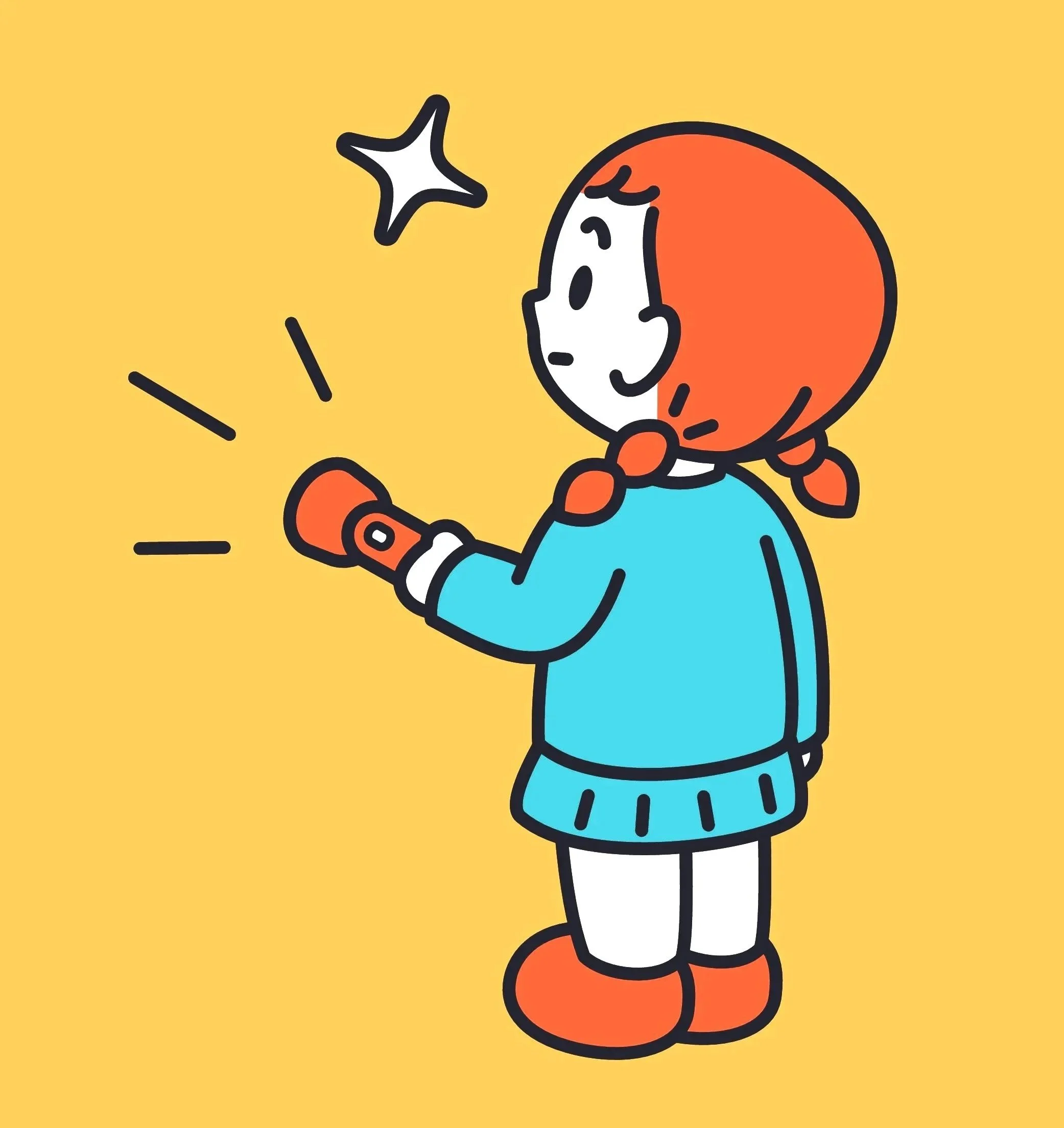 Cartoon girl with orange hair, dressed in a blue sweater and white pants, holding a flashlight and shining a star.