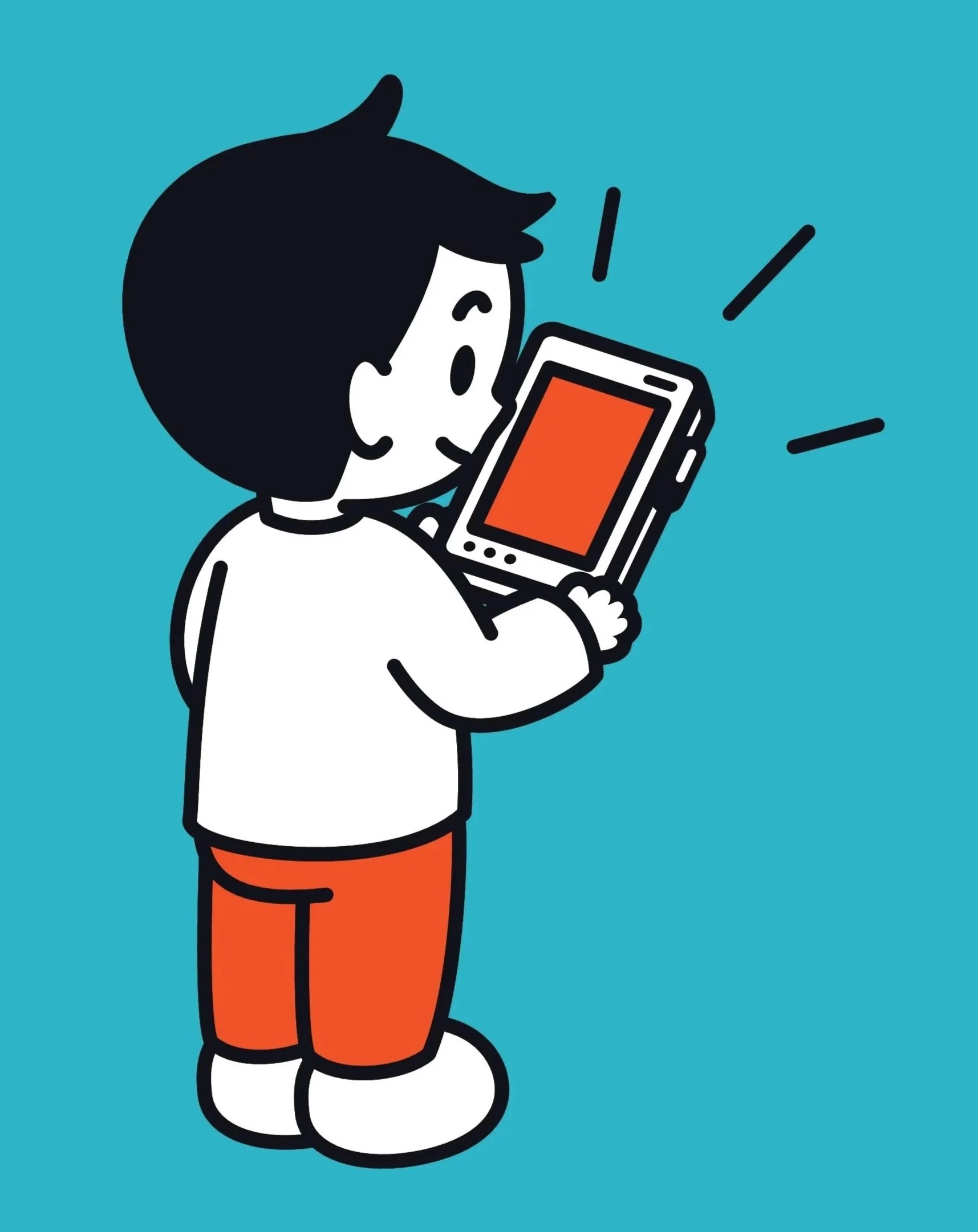 Cartoon illustration of a person with black hair, wearing a white shirt and orange pants, looking at and smiling at a smartphone.