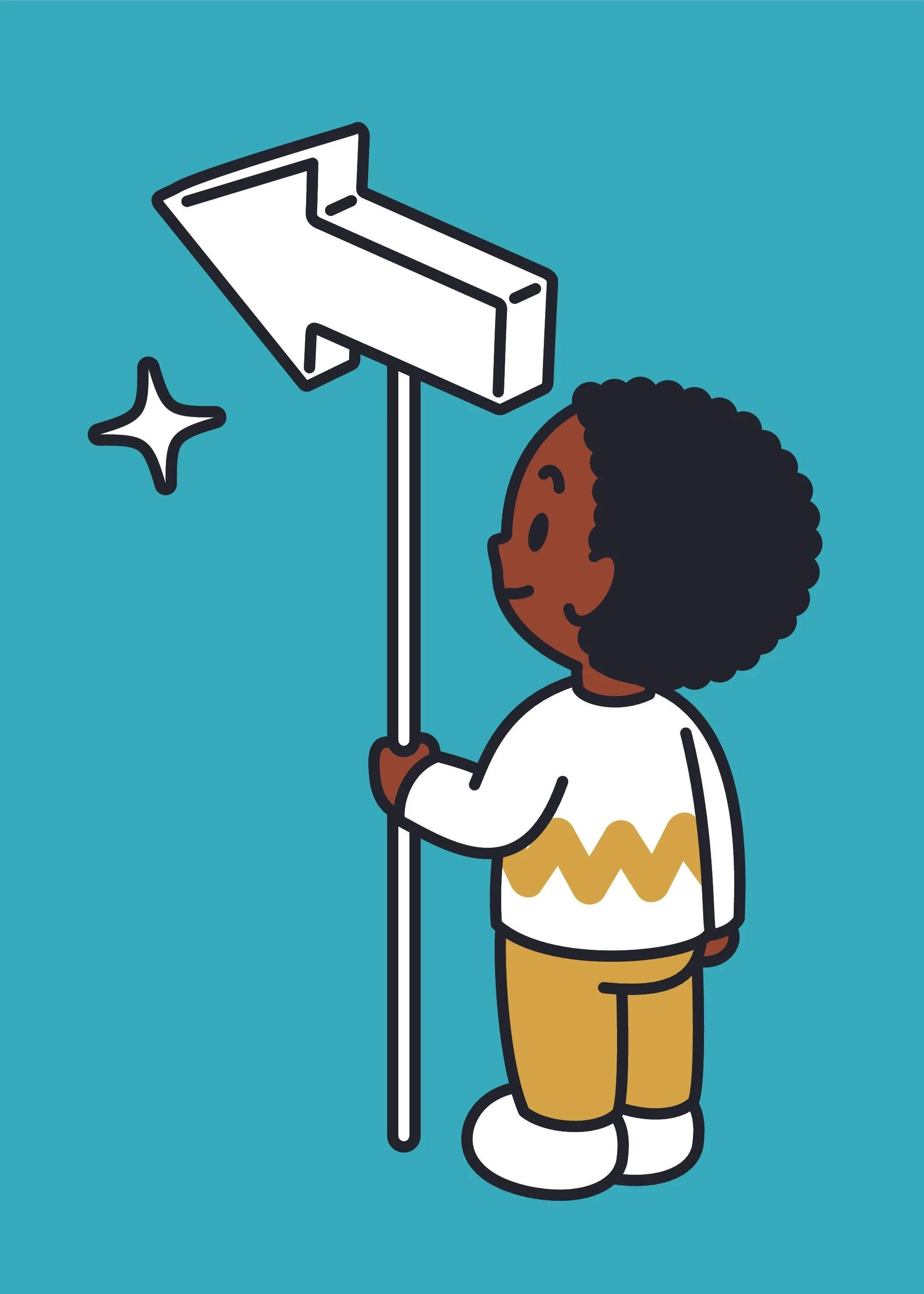 Cartoon child holding a sign with an arrow pointing to the left, smiling, wearing a white sweater with a wavy yellow pattern and brown pants, standing against a teal background.