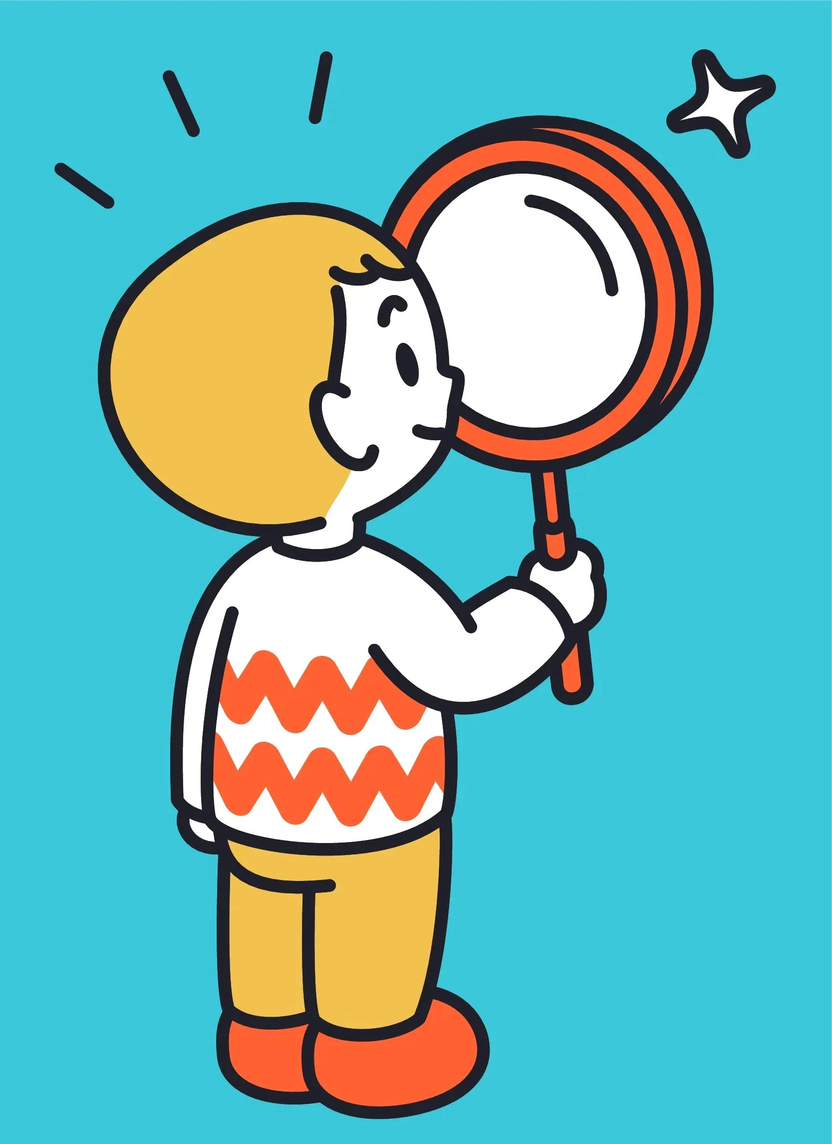 A cartoon child with blonde hair holding a magnifying glass, wearing a white sweater with orange zigzag pattern, yellow pants, and orange shoes, against a blue background.