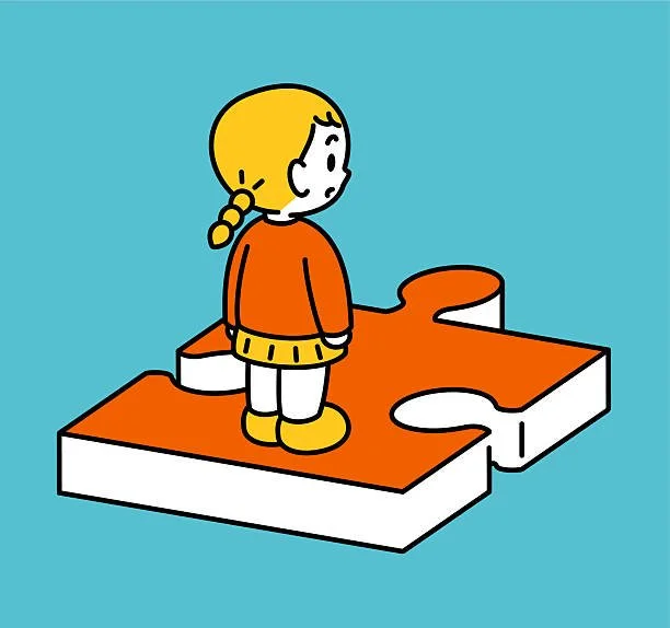 Cartoon of a girl with blonde hair tied in a braid, standing on an orange puzzle piece, looking to the side against a blue background.